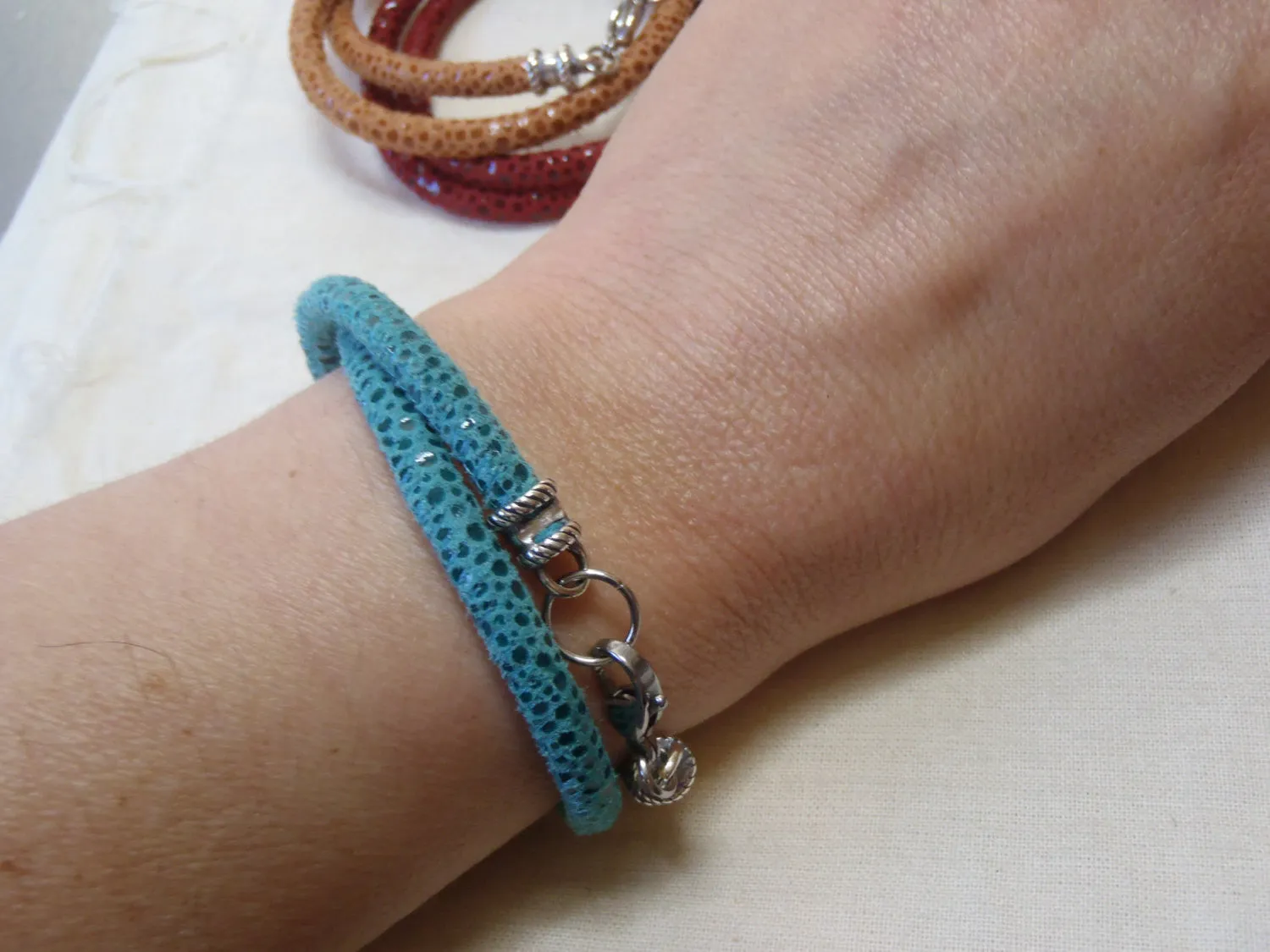 turquoise, red or orange Leather wrap bohemian Bracelet