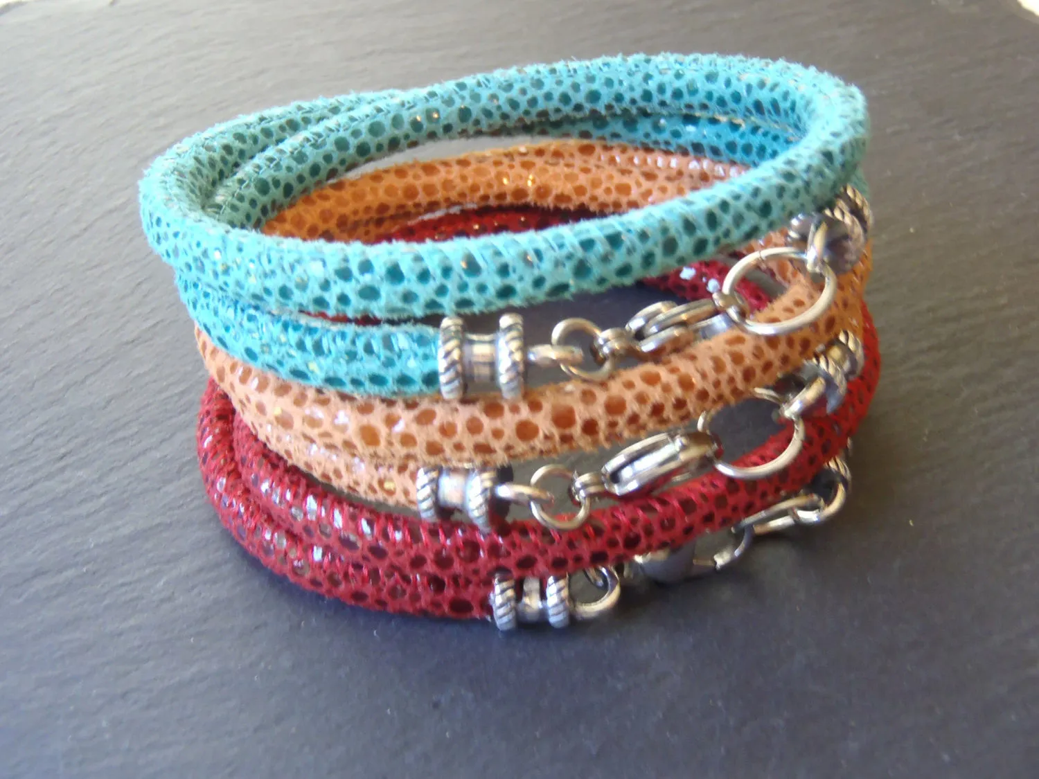 turquoise, red or orange Leather wrap bohemian Bracelet