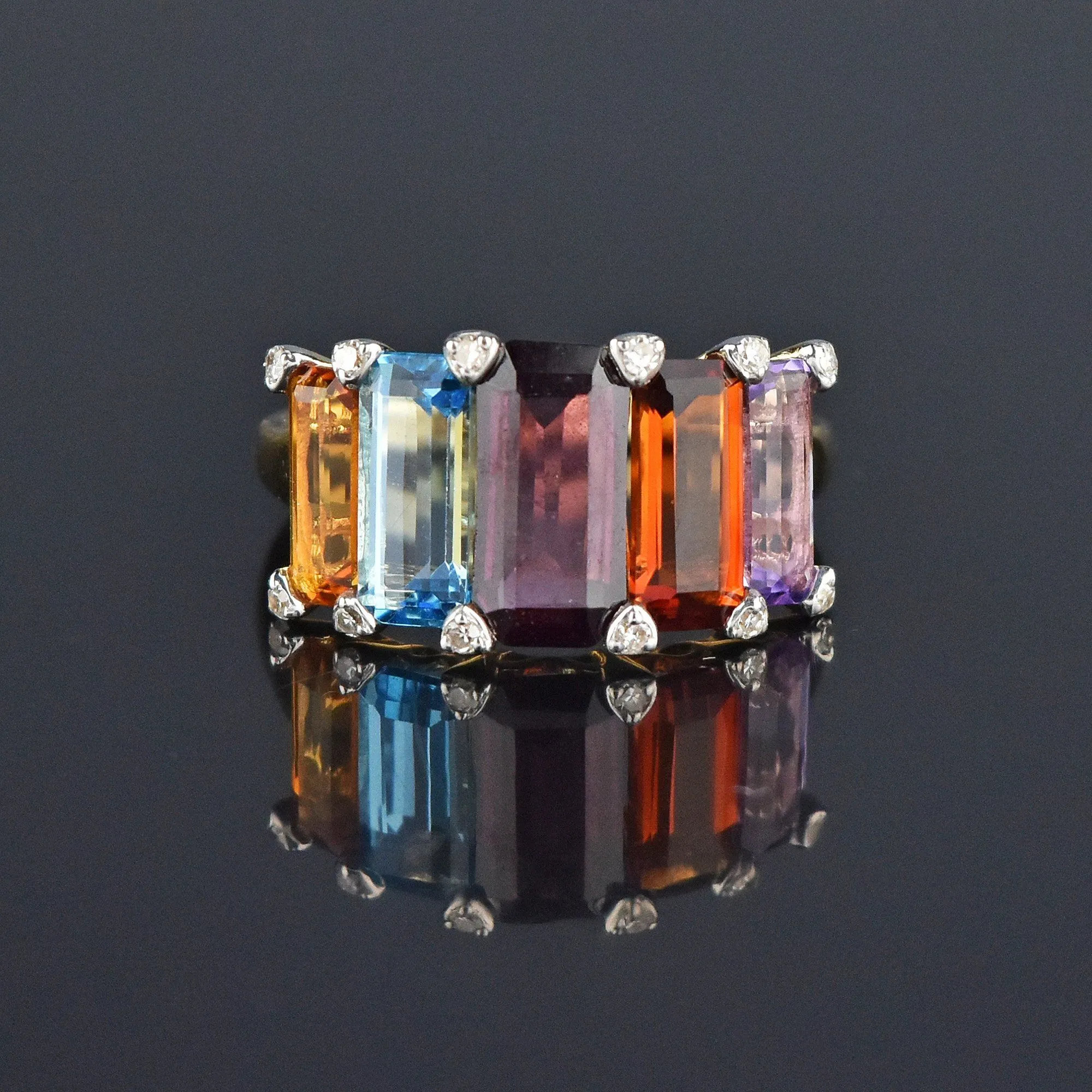 Wide 14K Gold Multi Gemstone Diamond Ring, Citrine Amethyst
