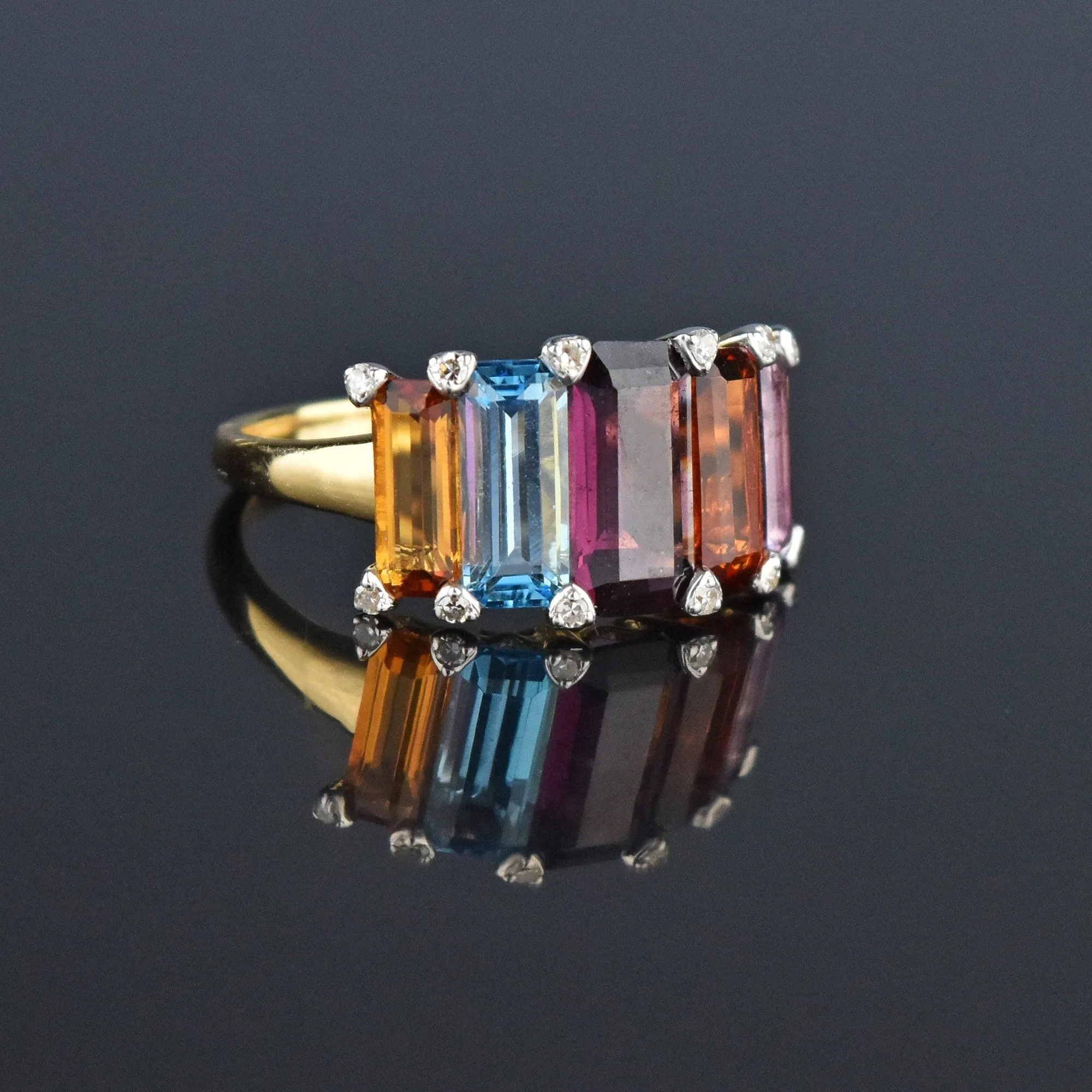 Wide 14K Gold Multi Gemstone Diamond Ring, Citrine Amethyst